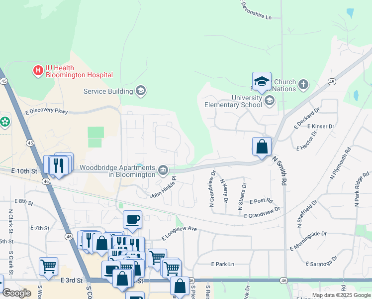 map of restaurants, bars, coffee shops, grocery stores, and more near 3705 East Barrington Drive in Bloomington