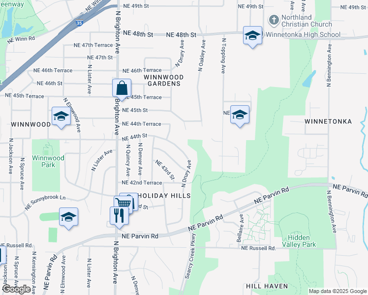 map of restaurants, bars, coffee shops, grocery stores, and more near 4337 North Drury Avenue in Kansas City