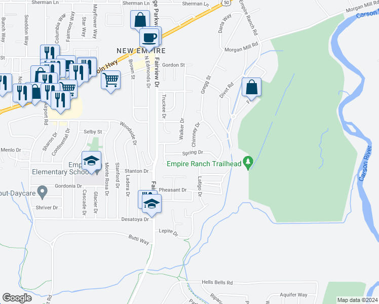 map of restaurants, bars, coffee shops, grocery stores, and more near Spring Drive in Carson City