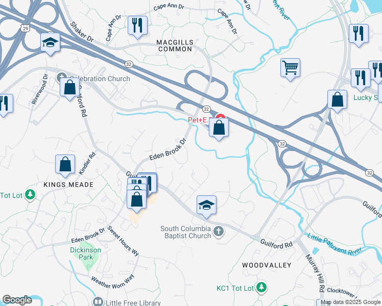 map of restaurants, bars, coffee shops, grocery stores, and more near 7019 Copperwood Way in Columbia