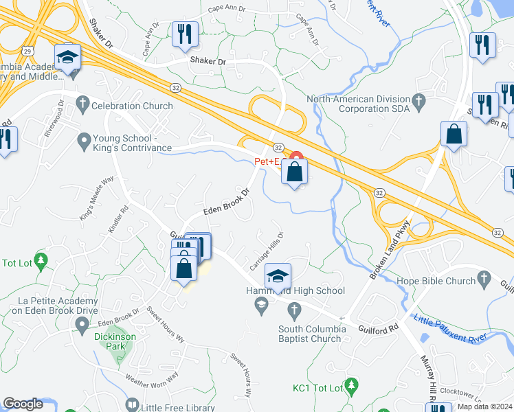 map of restaurants, bars, coffee shops, grocery stores, and more near 7019 Copperwood Way in Columbia