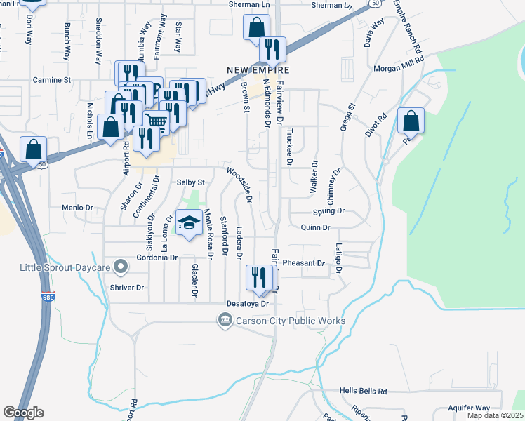 map of restaurants, bars, coffee shops, grocery stores, and more near 3739 Woodside Drive in Carson City