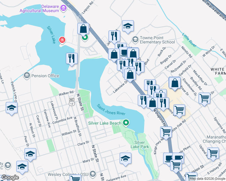 map of restaurants, bars, coffee shops, grocery stores, and more near 107 Lakeview Drive in Dover