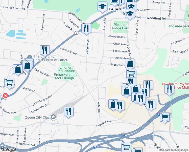 map of restaurants, bars, coffee shops, grocery stores, and more near 5421 Lester Road in Cincinnati