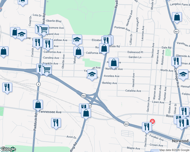 map of restaurants, bars, coffee shops, grocery stores, and more near 4769 Reading Road in Cincinnati