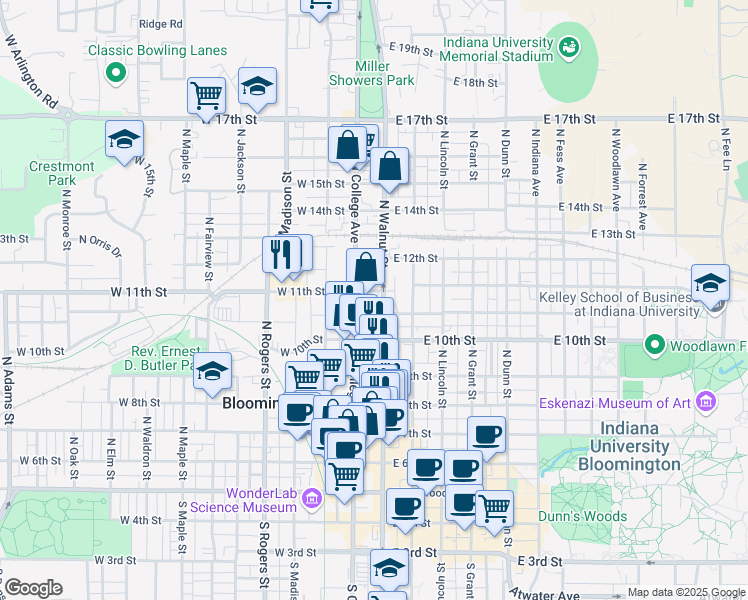 map of restaurants, bars, coffee shops, grocery stores, and more near 620 North Walnut Street in Bloomington