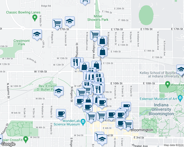 map of restaurants, bars, coffee shops, grocery stores, and more near 629 North College Avenue in Bloomington