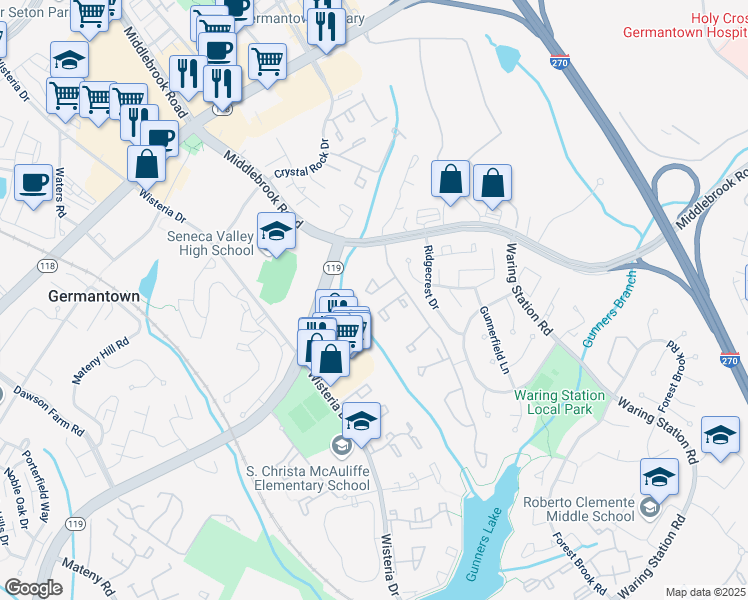 map of restaurants, bars, coffee shops, grocery stores, and more near 40 Cross Ridge Court in Germantown