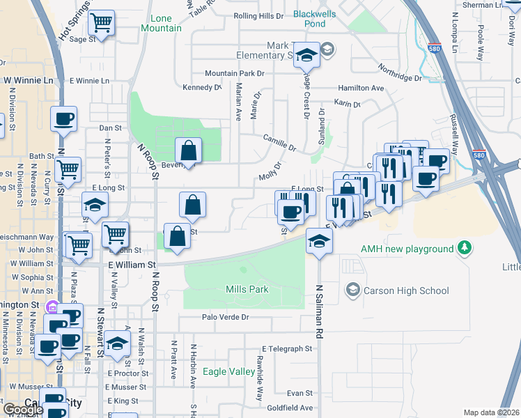 map of restaurants, bars, coffee shops, grocery stores, and more near 1355 Handelin Road in Carson City