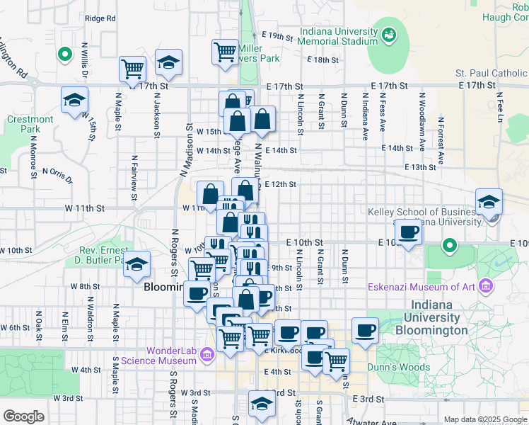 map of restaurants, bars, coffee shops, grocery stores, and more near 700 North Walnut Street in Bloomington