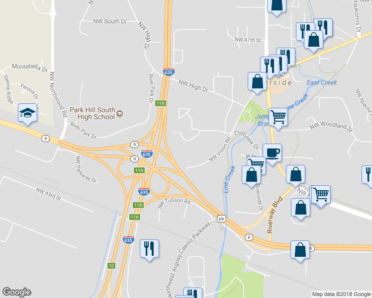 map of restaurants, bars, coffee shops, grocery stores, and more near 4700 Cliffview Drive in Riverside