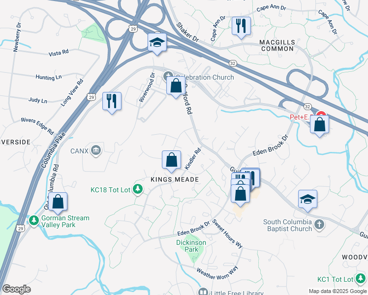 map of restaurants, bars, coffee shops, grocery stores, and more near 8427 King's Meade Way in Columbia