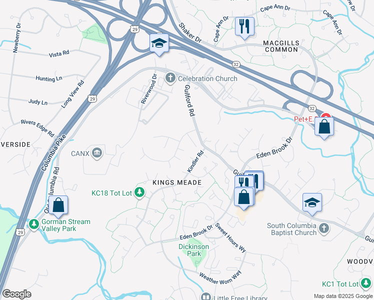 map of restaurants, bars, coffee shops, grocery stores, and more near 8427 King's Meade Way in Columbia