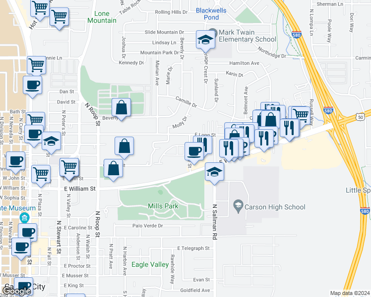 map of restaurants, bars, coffee shops, grocery stores, and more near 1375 Campagni Lane in Carson City