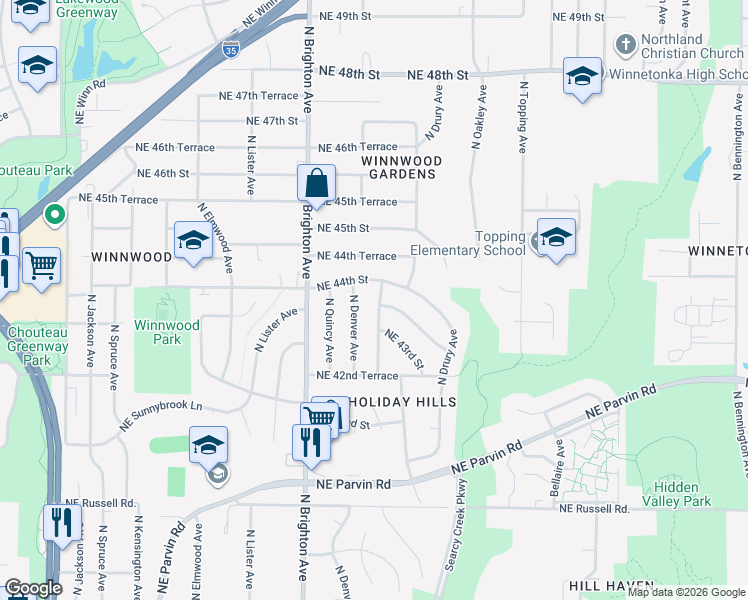 map of restaurants, bars, coffee shops, grocery stores, and more near 4352 North Colorado Avenue in Kansas City