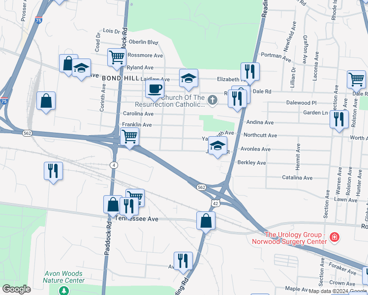 map of restaurants, bars, coffee shops, grocery stores, and more near 1451 Joseph Street in Cincinnati