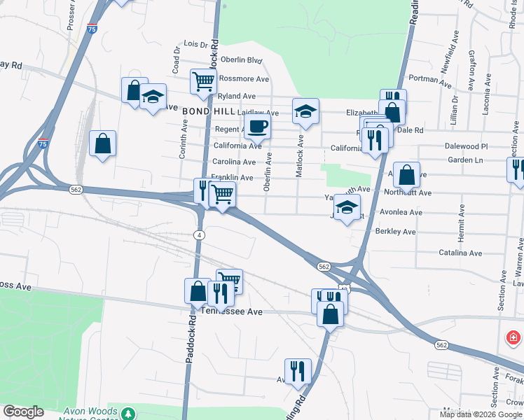 map of restaurants, bars, coffee shops, grocery stores, and more near 1411 Joseph Street in Cincinnati