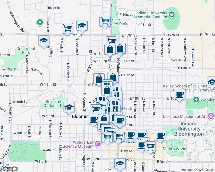 map of restaurants, bars, coffee shops, grocery stores, and more near 629 North College Avenue in Bloomington