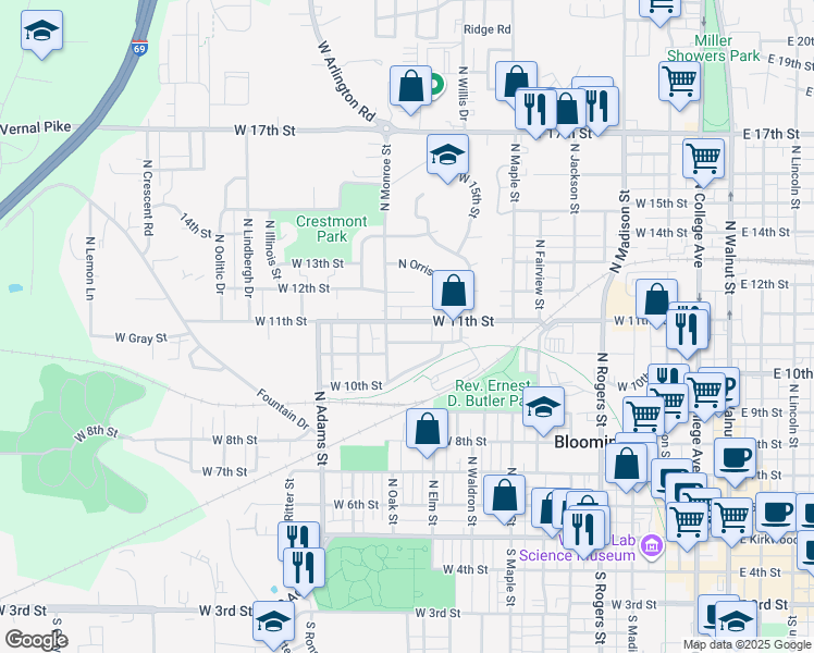map of restaurants, bars, coffee shops, grocery stores, and more near 628 North Monroe Street in Bloomington