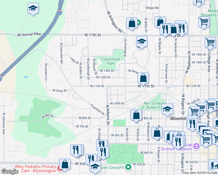 map of restaurants, bars, coffee shops, grocery stores, and more near 631-699 N Adams St in Bloomington
