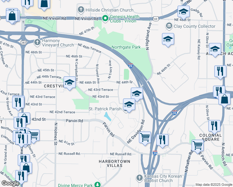 map of restaurants, bars, coffee shops, grocery stores, and more near 1233 Northeast 43rd Street in Kansas City