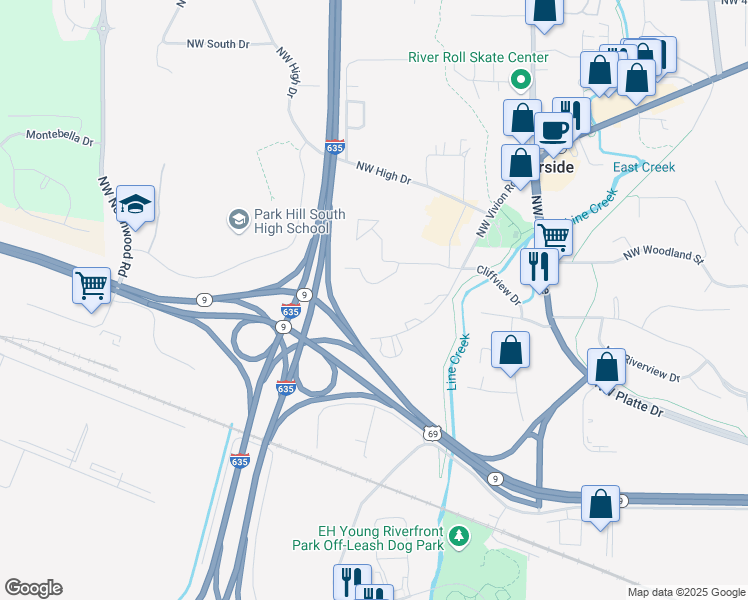 map of restaurants, bars, coffee shops, grocery stores, and more near 4700 Cliffview Drive in Riverside