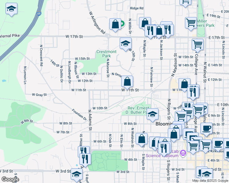 map of restaurants, bars, coffee shops, grocery stores, and more near 628 North Monroe Street in Bloomington