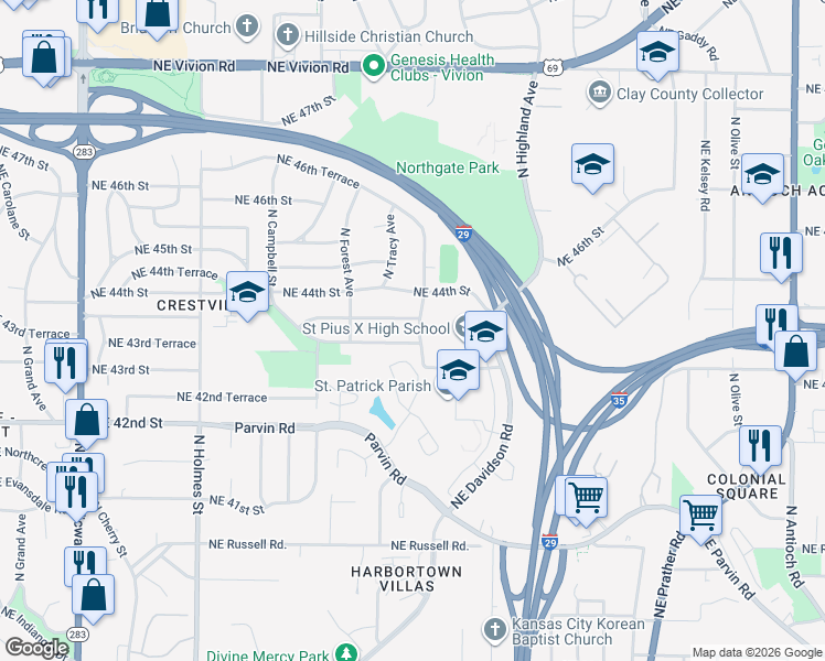map of restaurants, bars, coffee shops, grocery stores, and more near 1233 Northeast 43rd Street in Kansas City