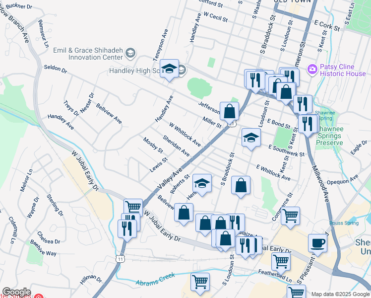 map of restaurants, bars, coffee shops, grocery stores, and more near 208 Sheridan Avenue in Winchester