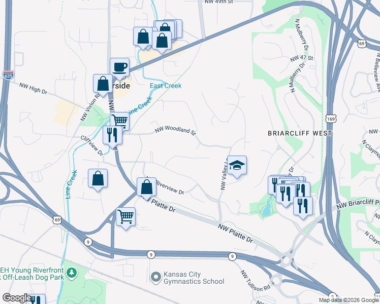 map of restaurants, bars, coffee shops, grocery stores, and more near 901 Northwest Navajo Street in Riverside