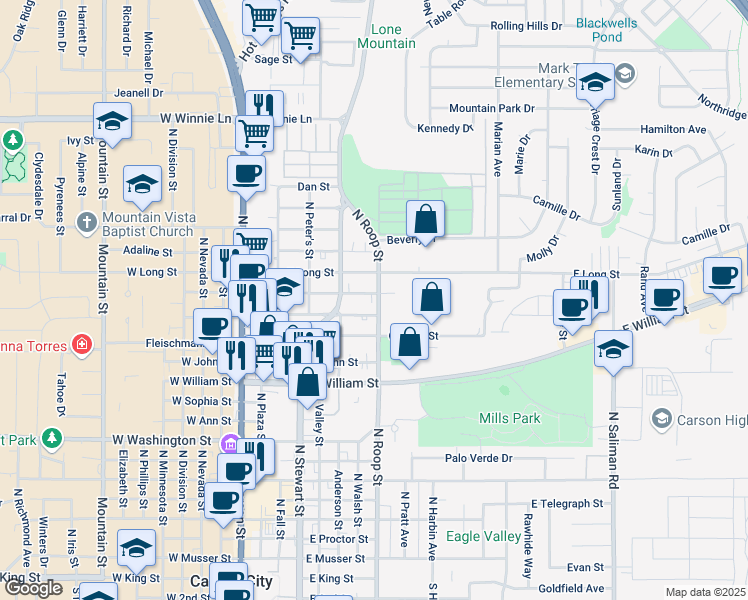 map of restaurants, bars, coffee shops, grocery stores, and more near 1414 North Roop Street in Carson City
