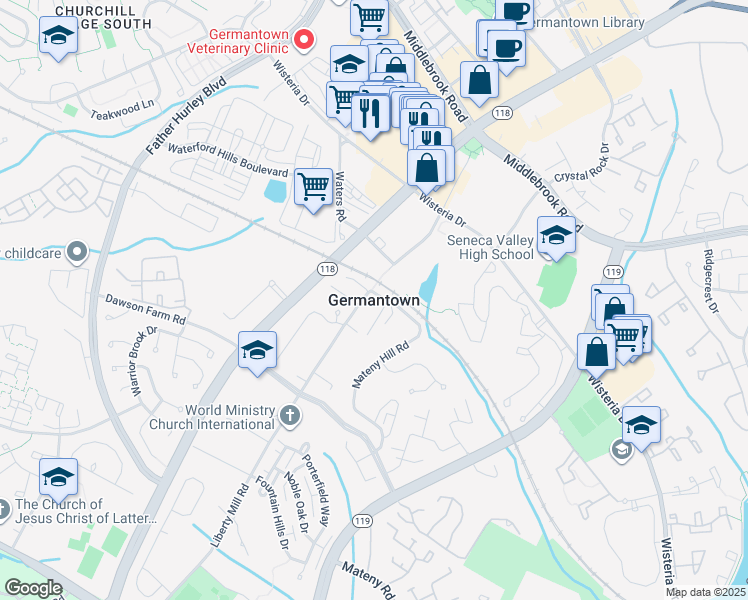 map of restaurants, bars, coffee shops, grocery stores, and more near in Germantown