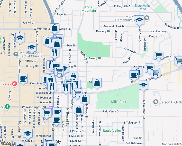 map of restaurants, bars, coffee shops, grocery stores, and more near 888 Corbett Street in Carson City