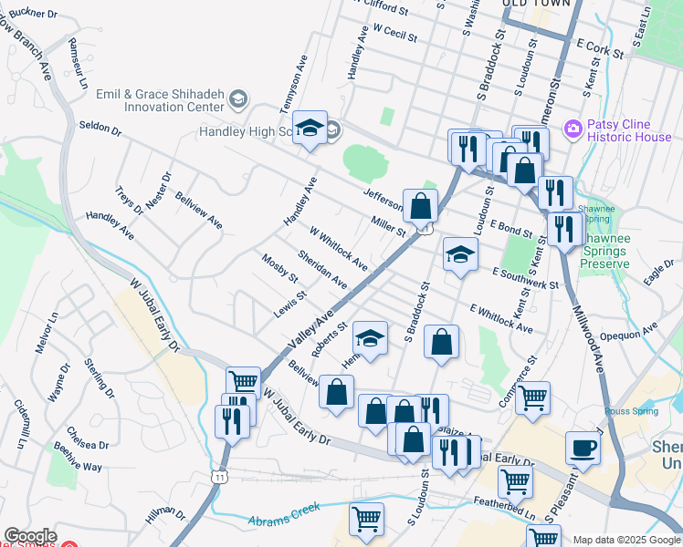 map of restaurants, bars, coffee shops, grocery stores, and more near 208 Sheridan Avenue in Winchester