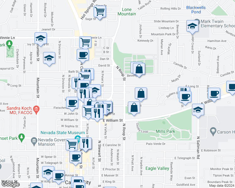 map of restaurants, bars, coffee shops, grocery stores, and more near 417 East Adams Street in Carson City