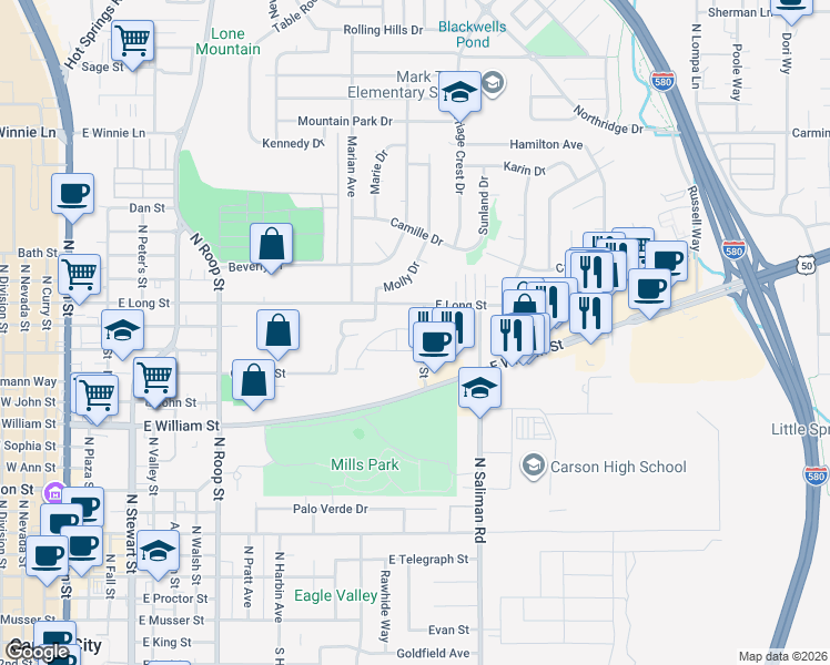 map of restaurants, bars, coffee shops, grocery stores, and more near 1383 Campagni Lane in Carson City