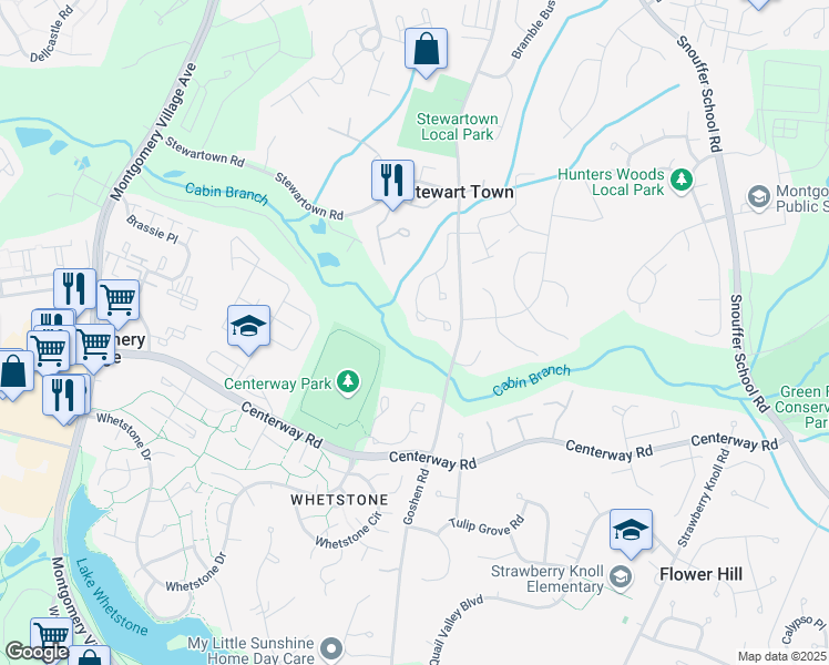 map of restaurants, bars, coffee shops, grocery stores, and more near 19342 Sandy Lake Drive in Gaithersburg