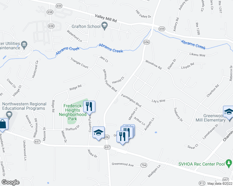 map of restaurants, bars, coffee shops, grocery stores, and more near 711 Greenwood Road in Winchester