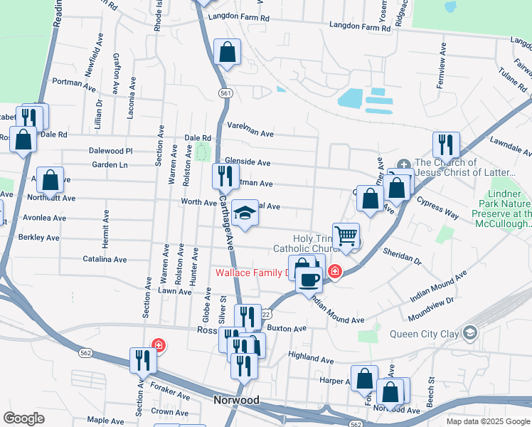 map of restaurants, bars, coffee shops, grocery stores, and more near 2146 Drex Avenue in Cincinnati