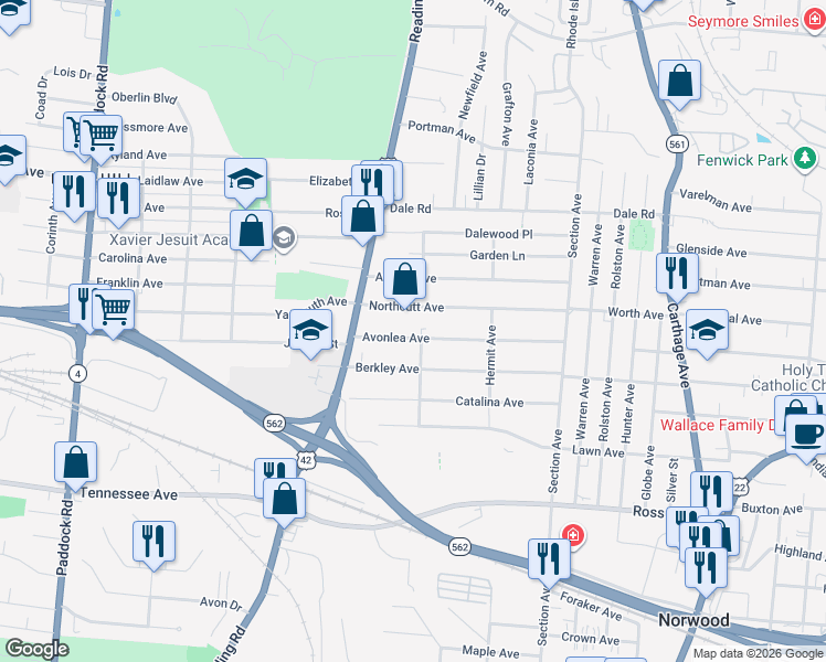 map of restaurants, bars, coffee shops, grocery stores, and more near 1760 Berkley Avenue in Cincinnati