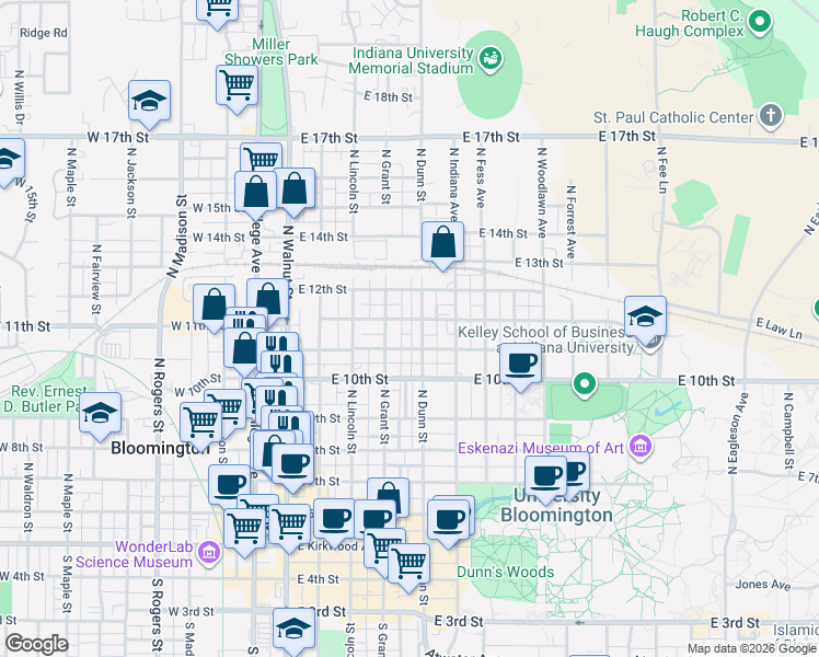 map of restaurants, bars, coffee shops, grocery stores, and more near 414 East Cottage Grove Avenue in Bloomington