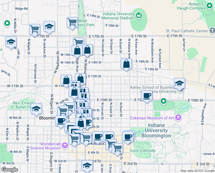 map of restaurants, bars, coffee shops, grocery stores, and more near 310 East Cottage Grove Avenue in Bloomington