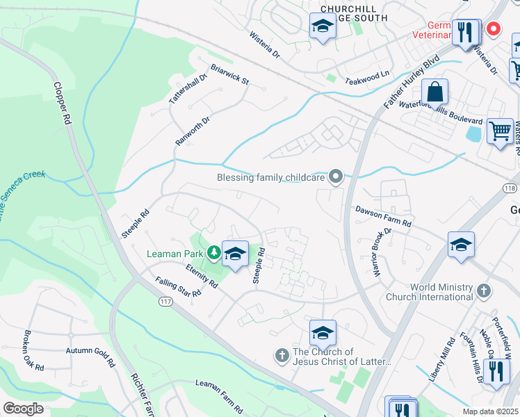 map of restaurants, bars, coffee shops, grocery stores, and more near 19031 Gallop Drive in Germantown