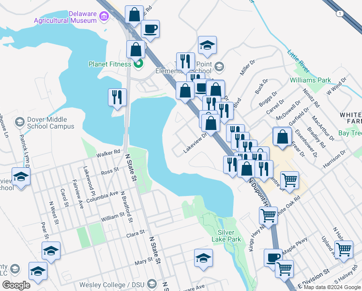 map of restaurants, bars, coffee shops, grocery stores, and more near 492 Sunset Road in Dover