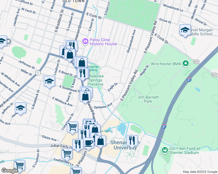 map of restaurants, bars, coffee shops, grocery stores, and more near 504 Eagle Drive in Winchester