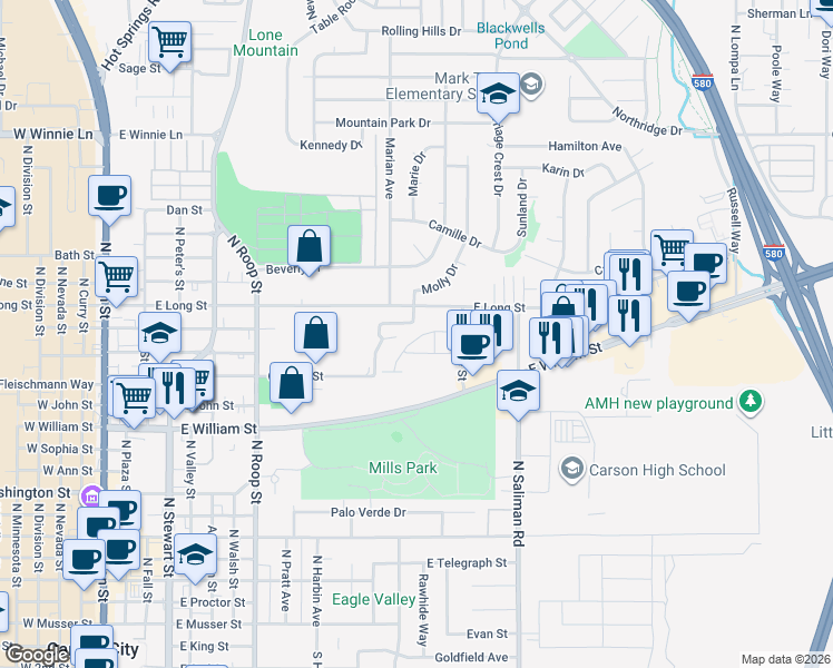 map of restaurants, bars, coffee shops, grocery stores, and more near 1361 Molly Drive in Carson City