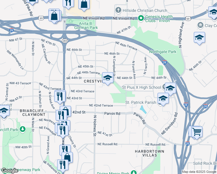 map of restaurants, bars, coffee shops, grocery stores, and more near 4327 North Holmes Street in Kansas City