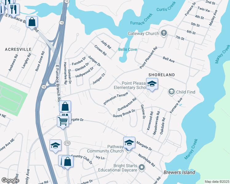map of restaurants, bars, coffee shops, grocery stores, and more near 906 Silver Maple Court in Glen Burnie