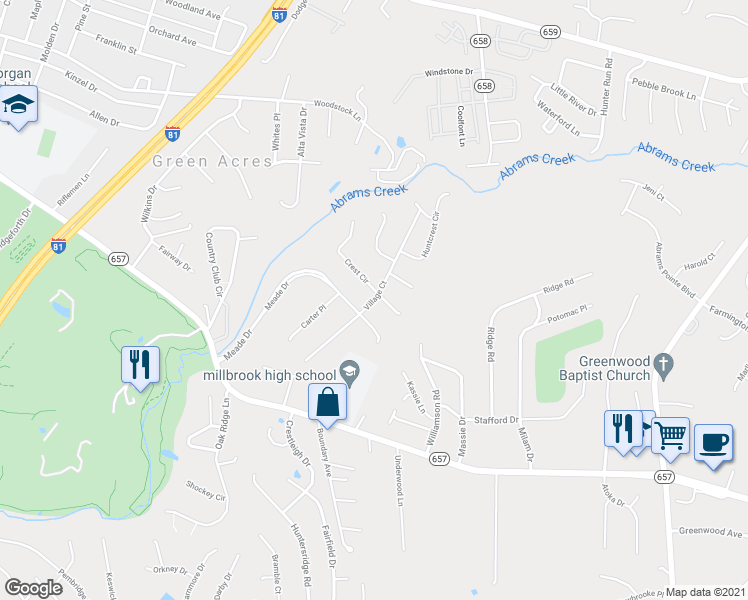 map of restaurants, bars, coffee shops, grocery stores, and more near 201 Village Court in Winchester