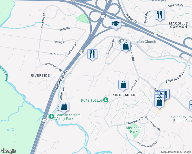 map of restaurants, bars, coffee shops, grocery stores, and more near 7133 Riverwood Drive in Columbia